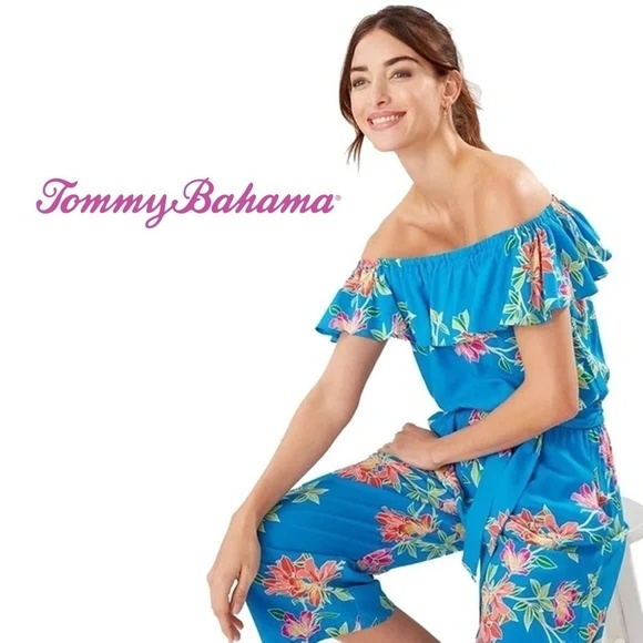 Tommy Bahama Cropped Romper Jumpsuit Sun Lilies Floral Azure Blue Ruffles M-L - Picture 10 of 12